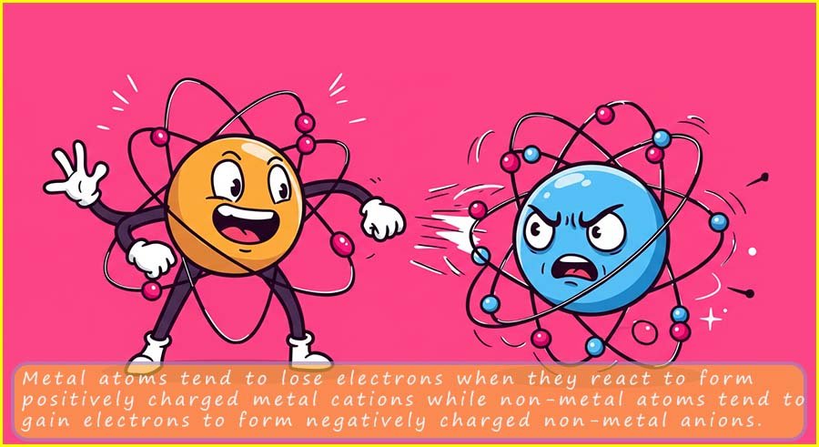 Cartoon style image to show that metal atoms lose electrons to form cations while non-metal atoms gain electrons to form anions.